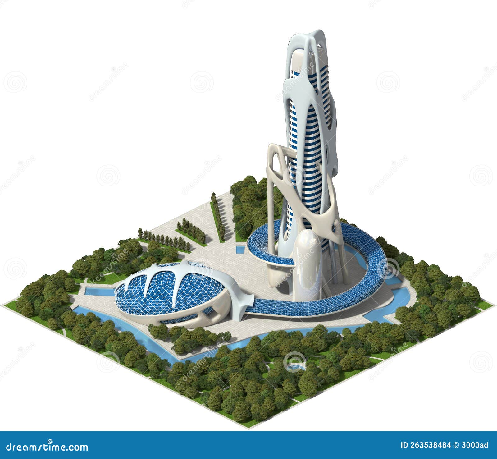 futuristic landscaped architecture for a 3d game