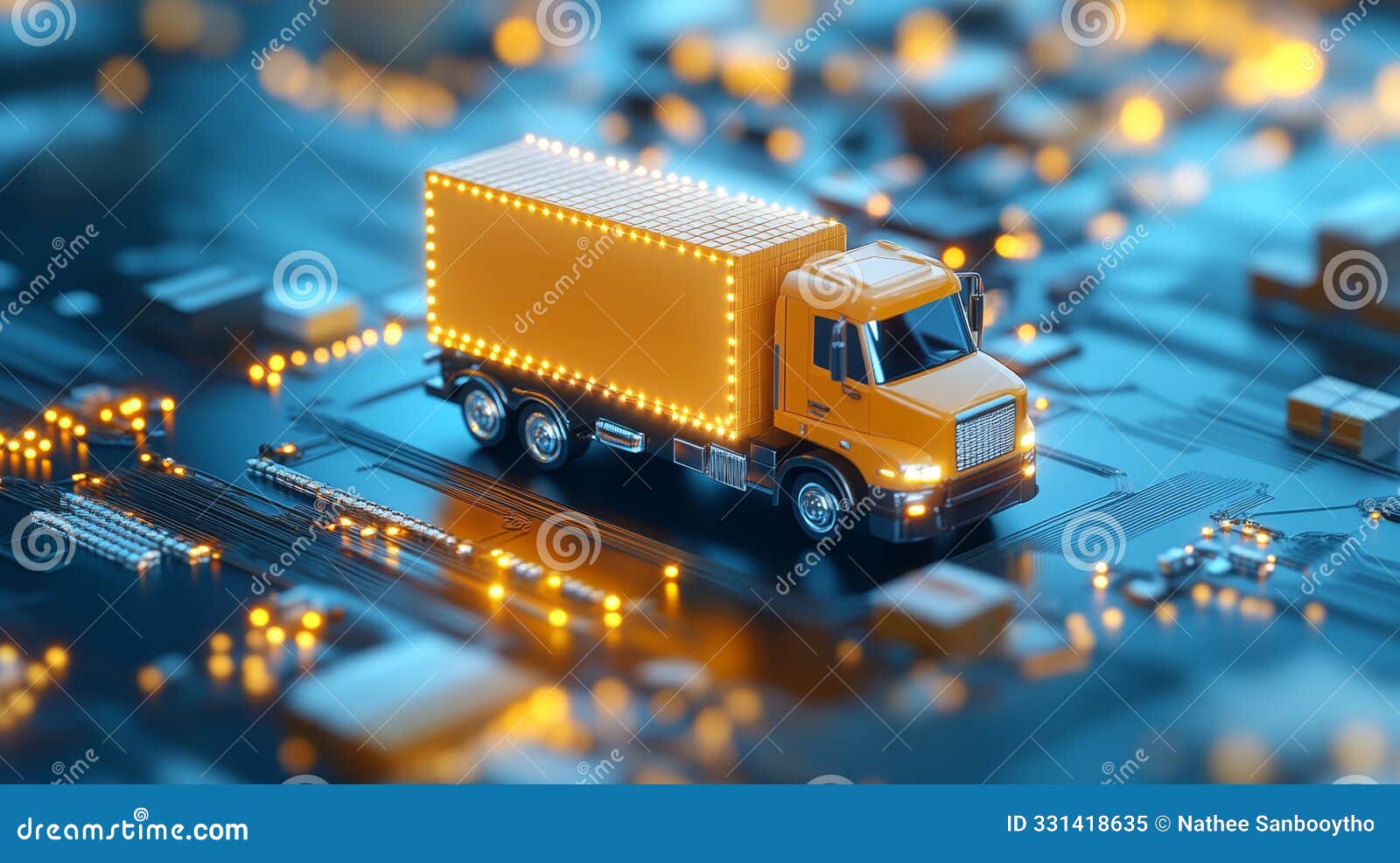 futuristic logistics truck on digital circuit board