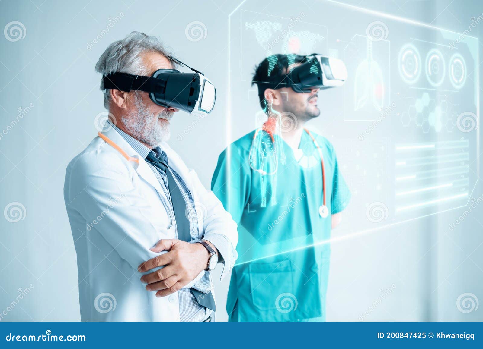 futuristic medical diagnose through virtual reality glasses simulator and screen interactive, doctor team disease diagnosis