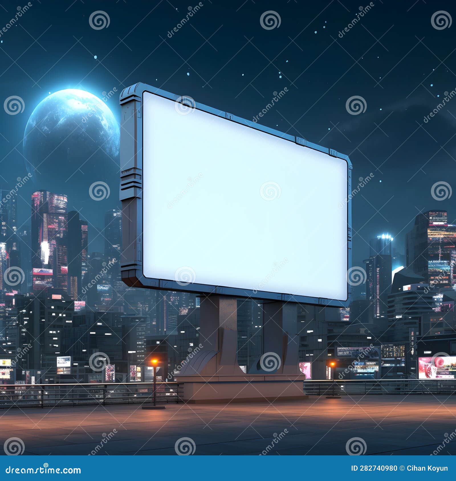 futuristic metropolis as the backdrop for a blank billboard