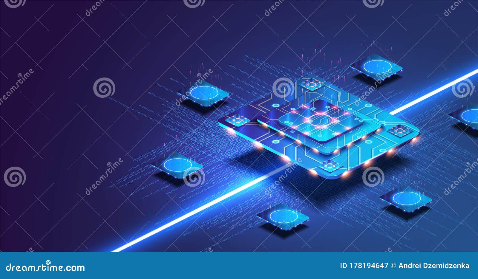 futuristic microchip processor with lights on the blue background. quantum computer, large data processing, database