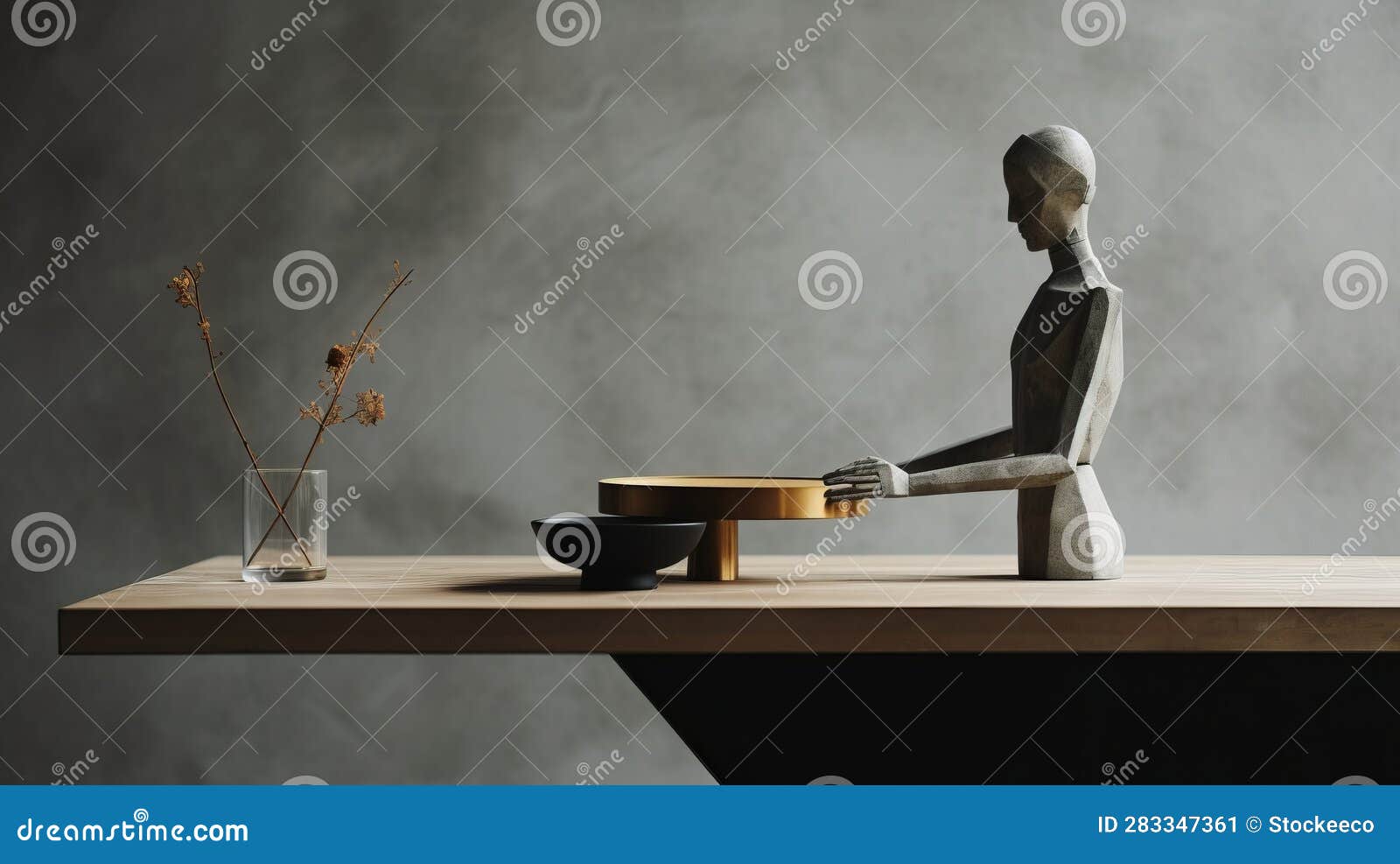 futuristic minimalism: wooden statue on a minimalist table
