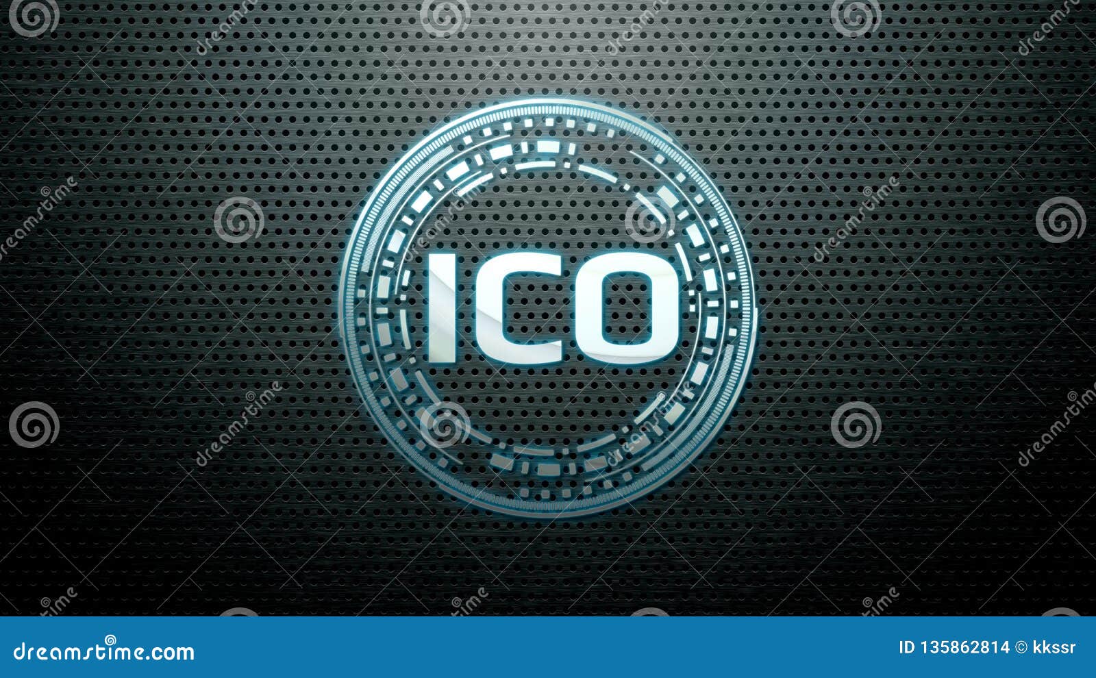 futuristic modern glowing initial coin offering ico led logo hologram hover over metallic steel background.