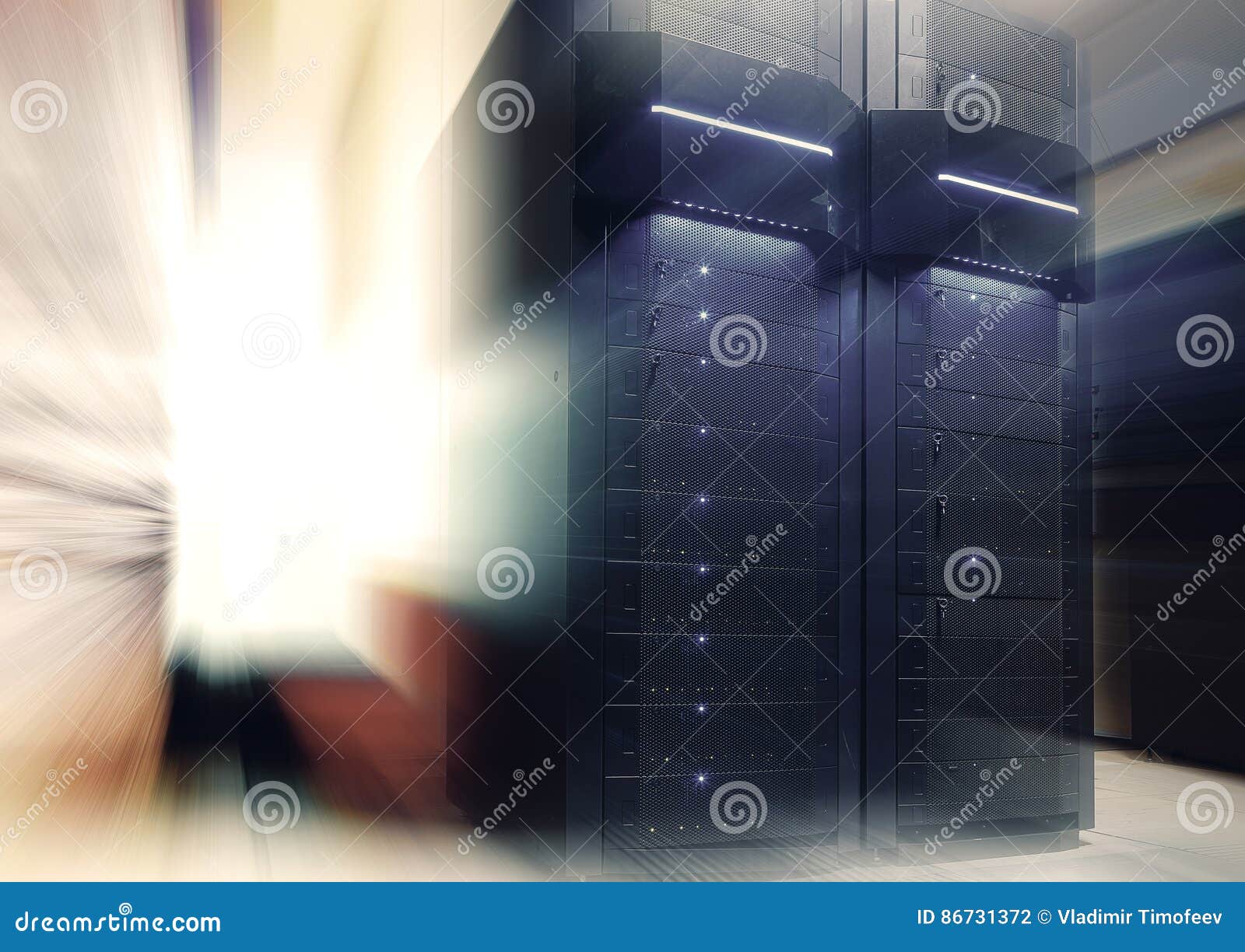 Futuristic Modern Server Room in Data Center with Light Blur and Motion