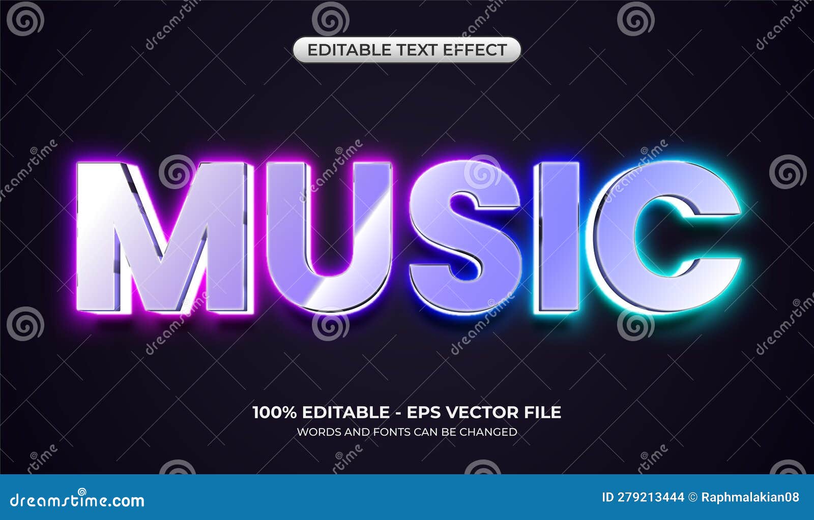 Futuristic Music Text Effect with Gradient Light. Editable Glossy Metallic Text Effect with a