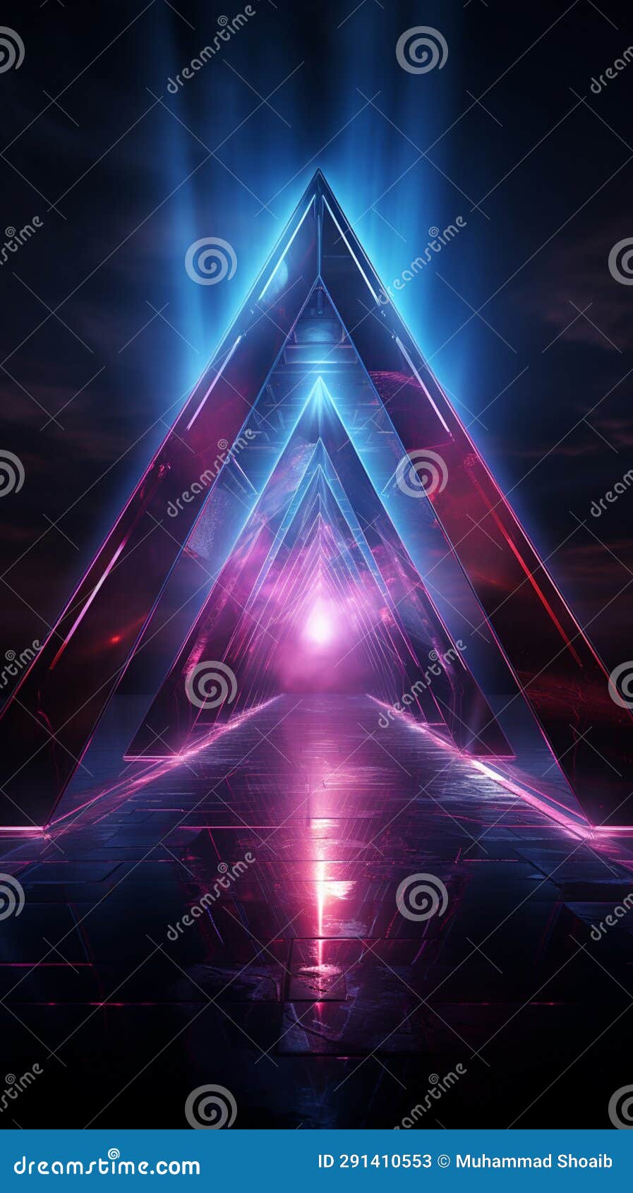 futuristic neon lights outline a geometric triangle, an ideal backdrop for modern visuals.