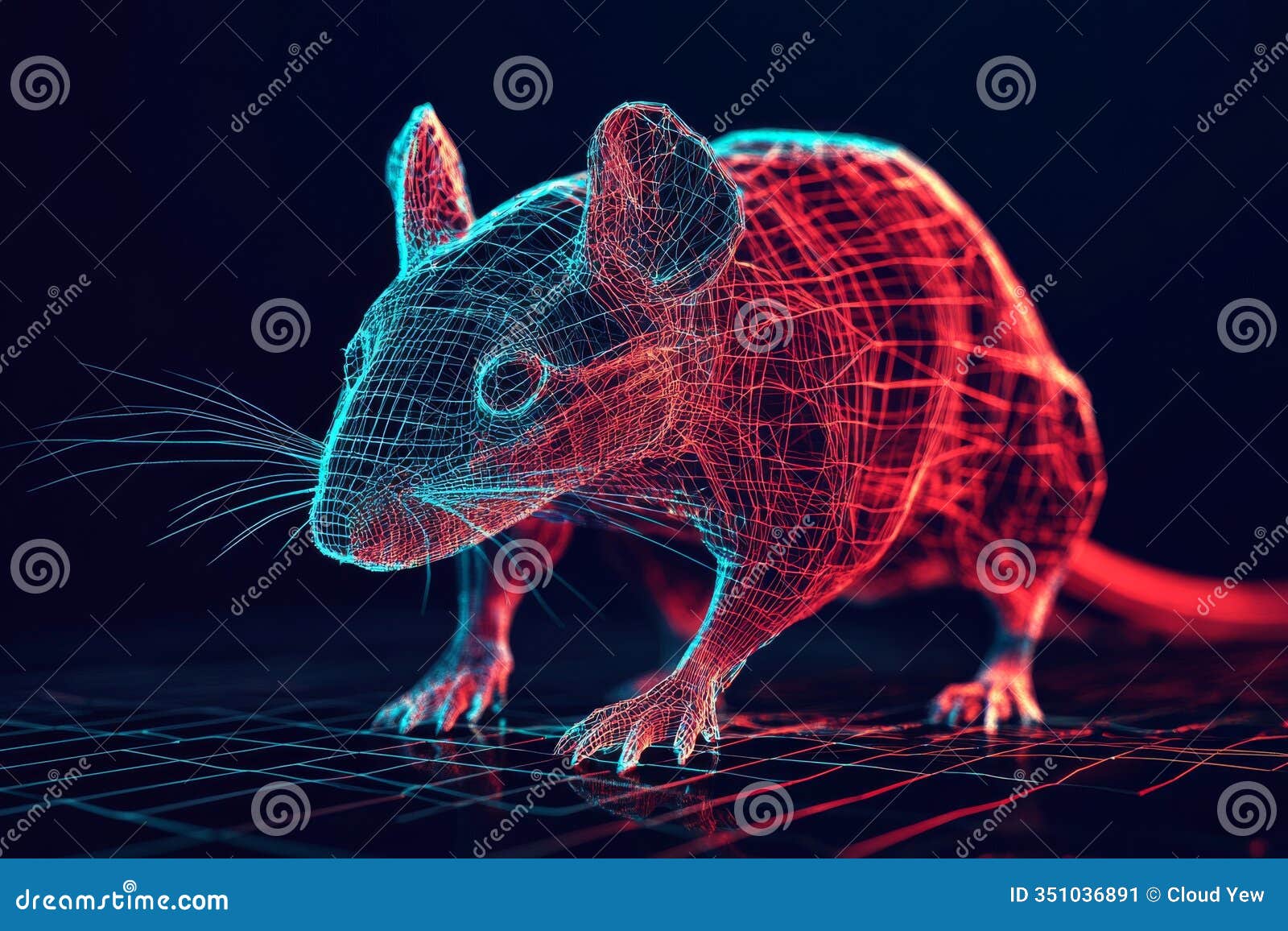 futuristic neon wireframe mouse on digital grid background in vibrant colors