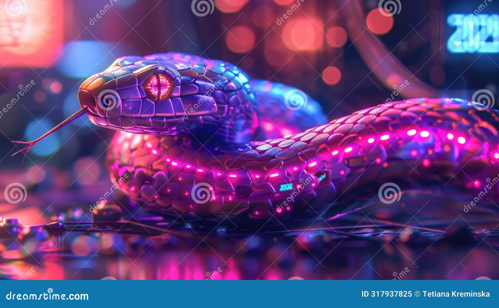 futuristic new year card with neon-lit snake and digital display of "2025"