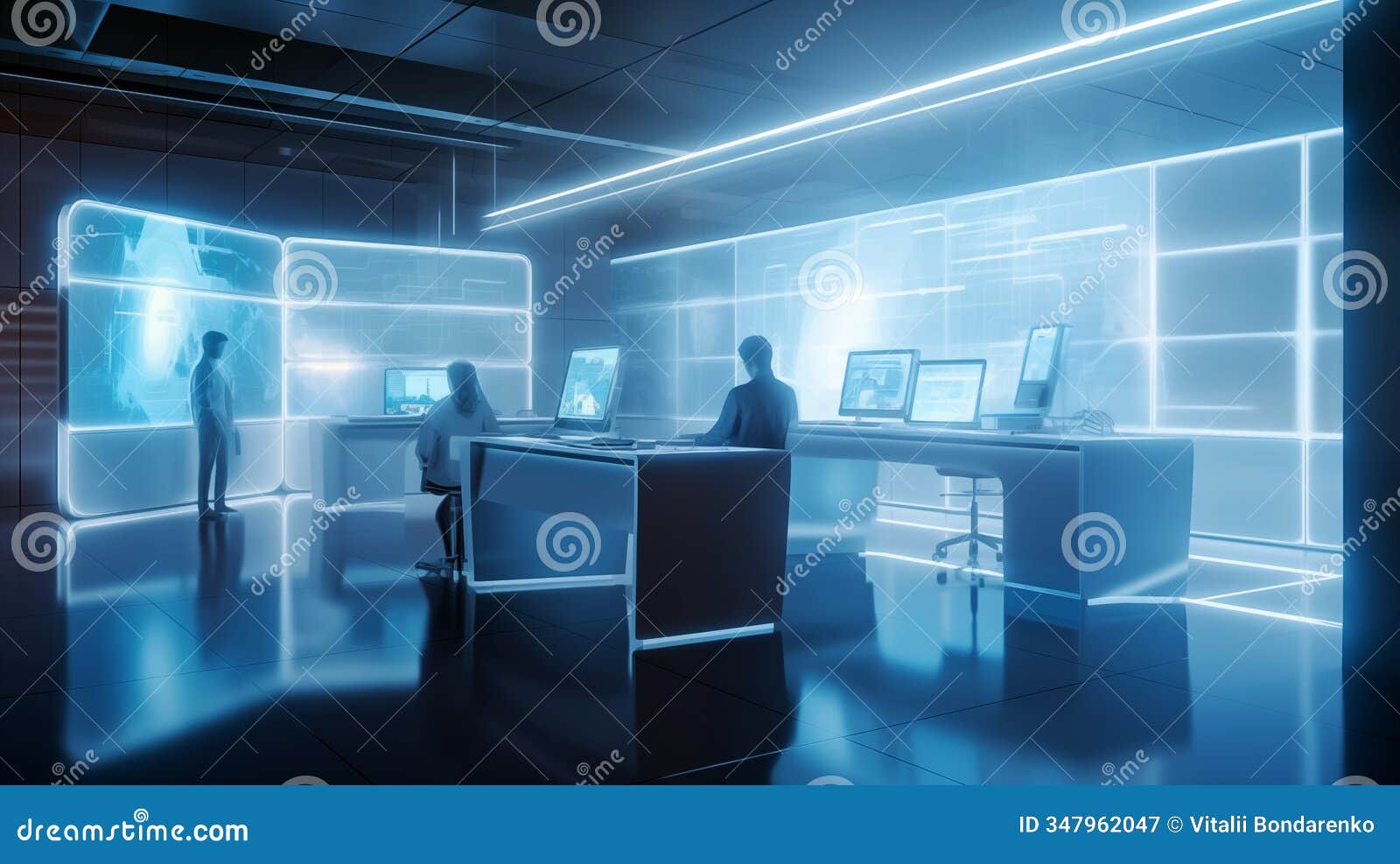 futuristic office scene with holographic screens and modern architecture.