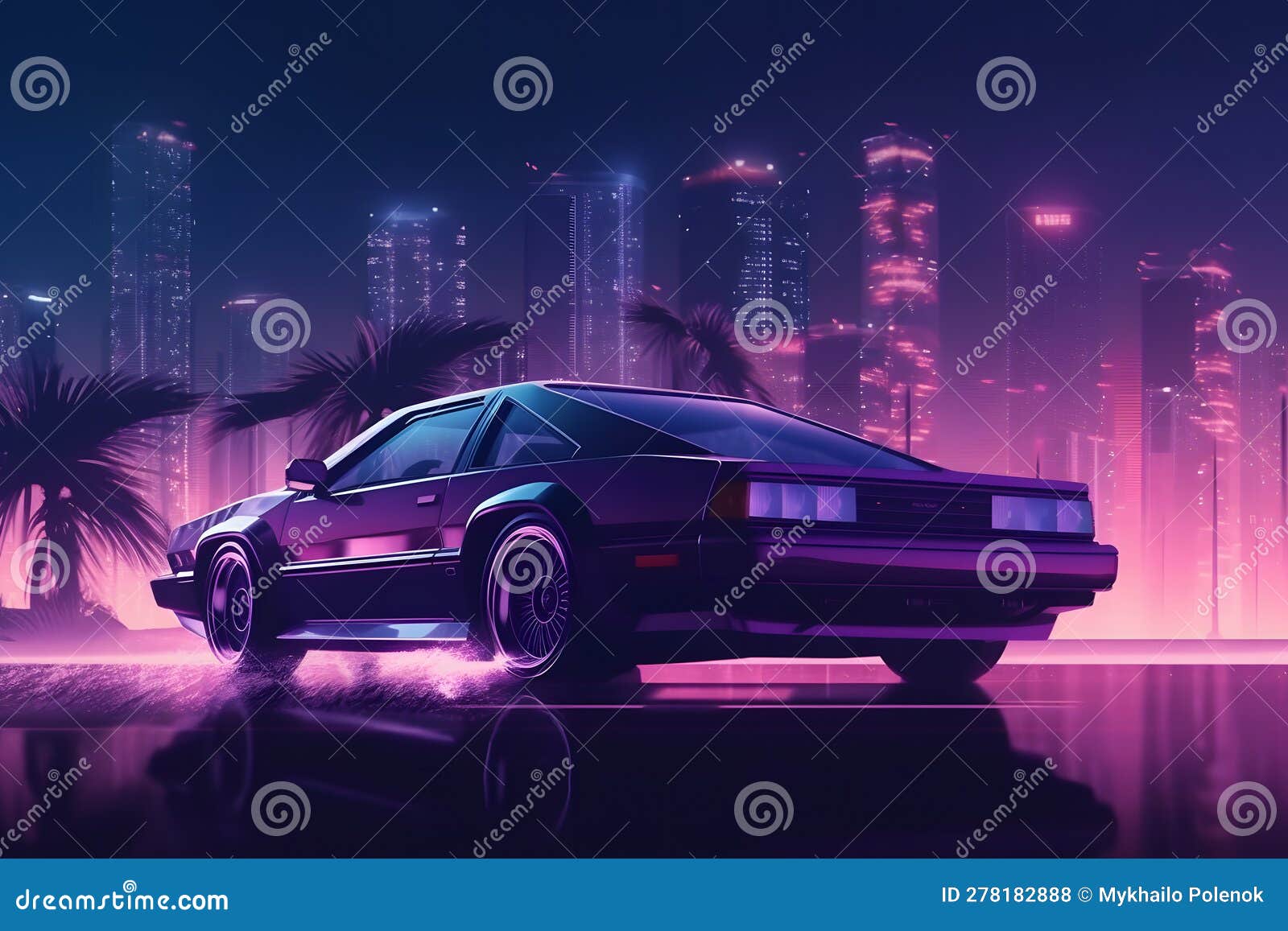 Futuristic Retro Wave Synth Wave Car. Retrowave Style Stock