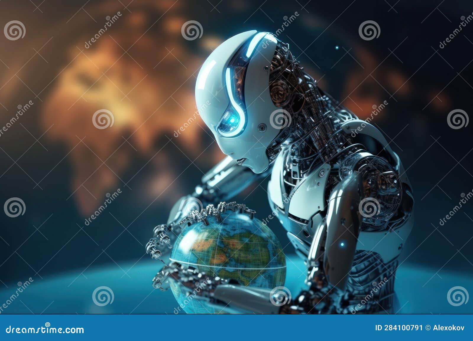 futuristic robot ai with earthworld technology for business industry security