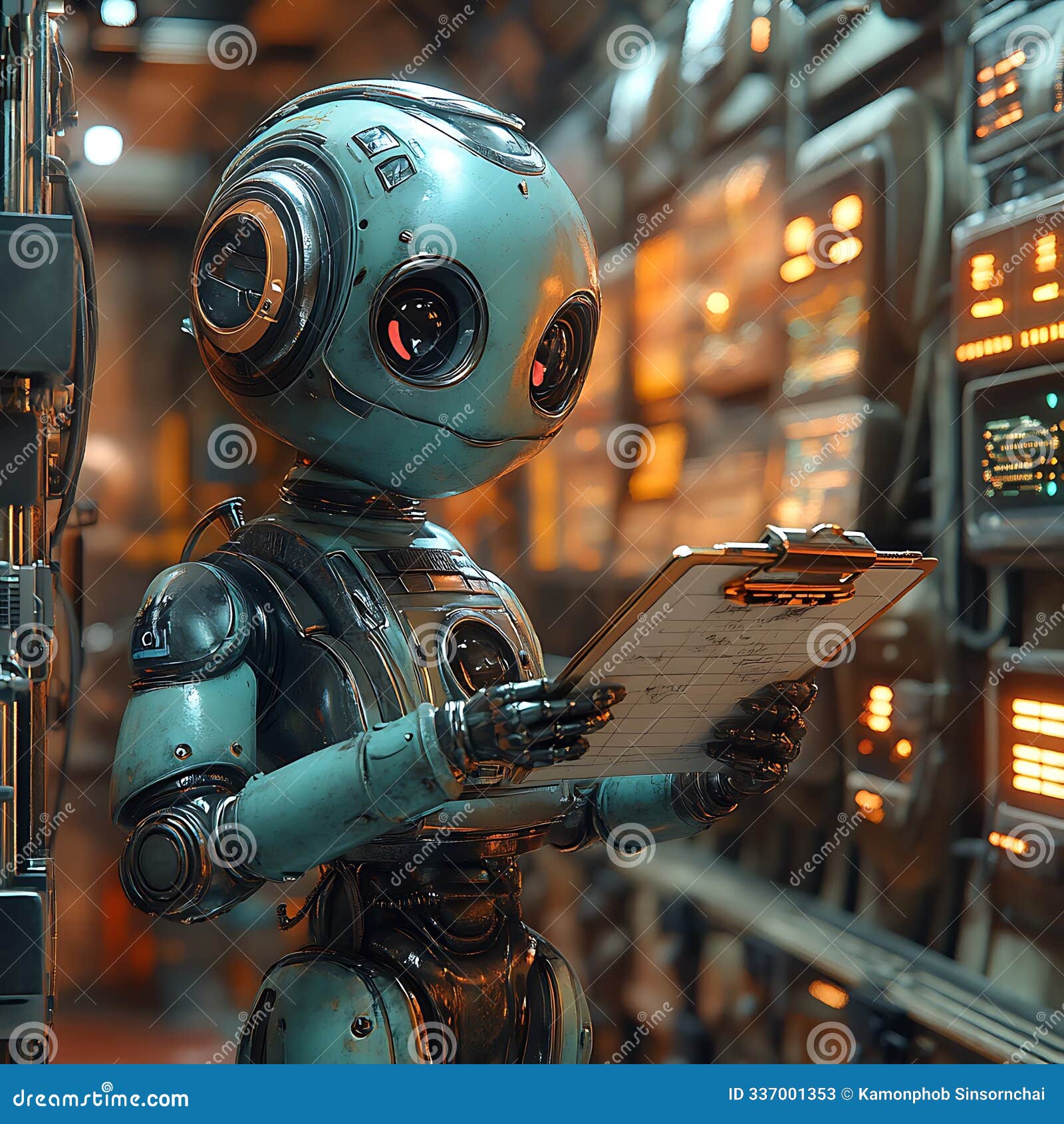 futuristic robot assistant working with clipboard in sci fi setting