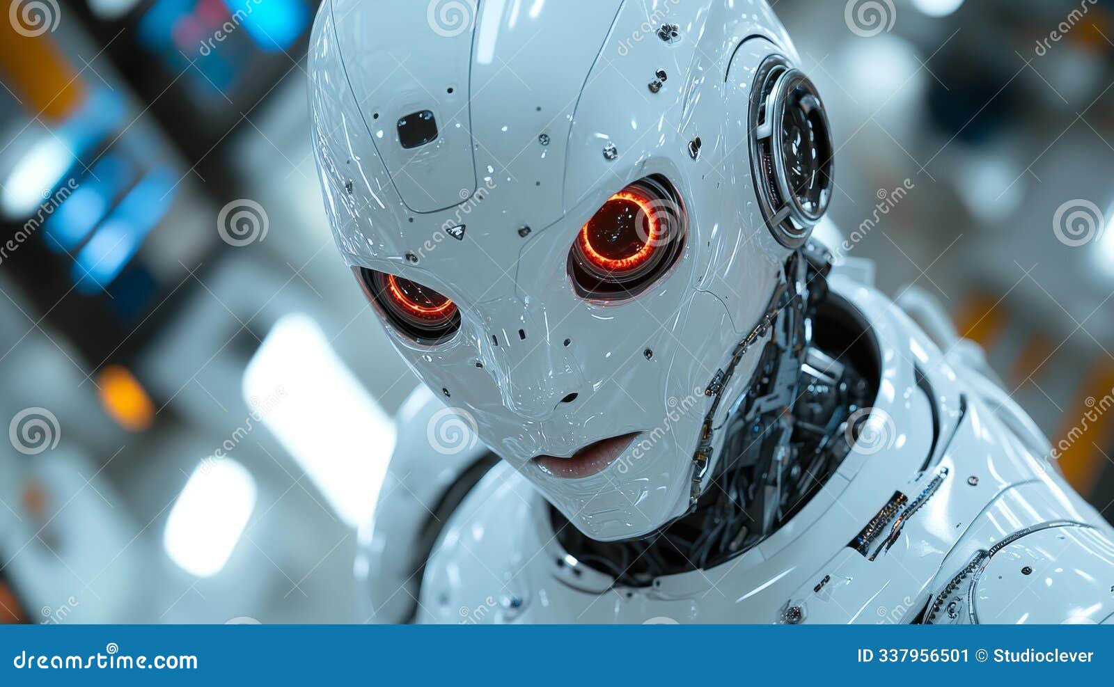 futuristic robot close-up with glowing red eyes generative ai