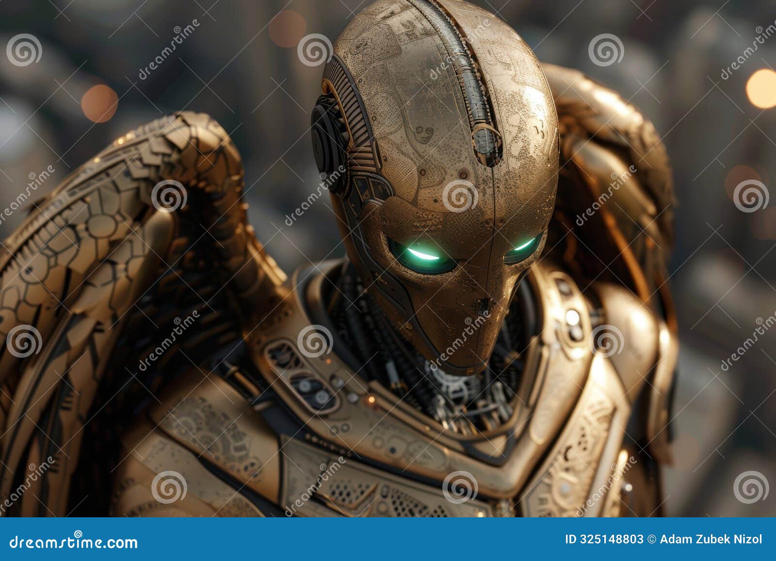 futuristic robot with glowing green eyes