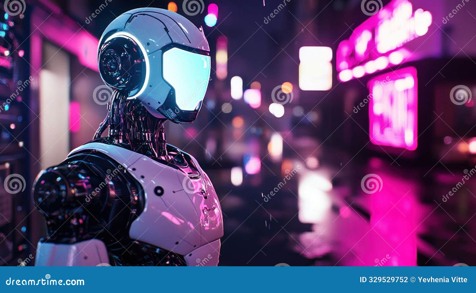 futuristic robot in neon-lit cityscape. generative ai.