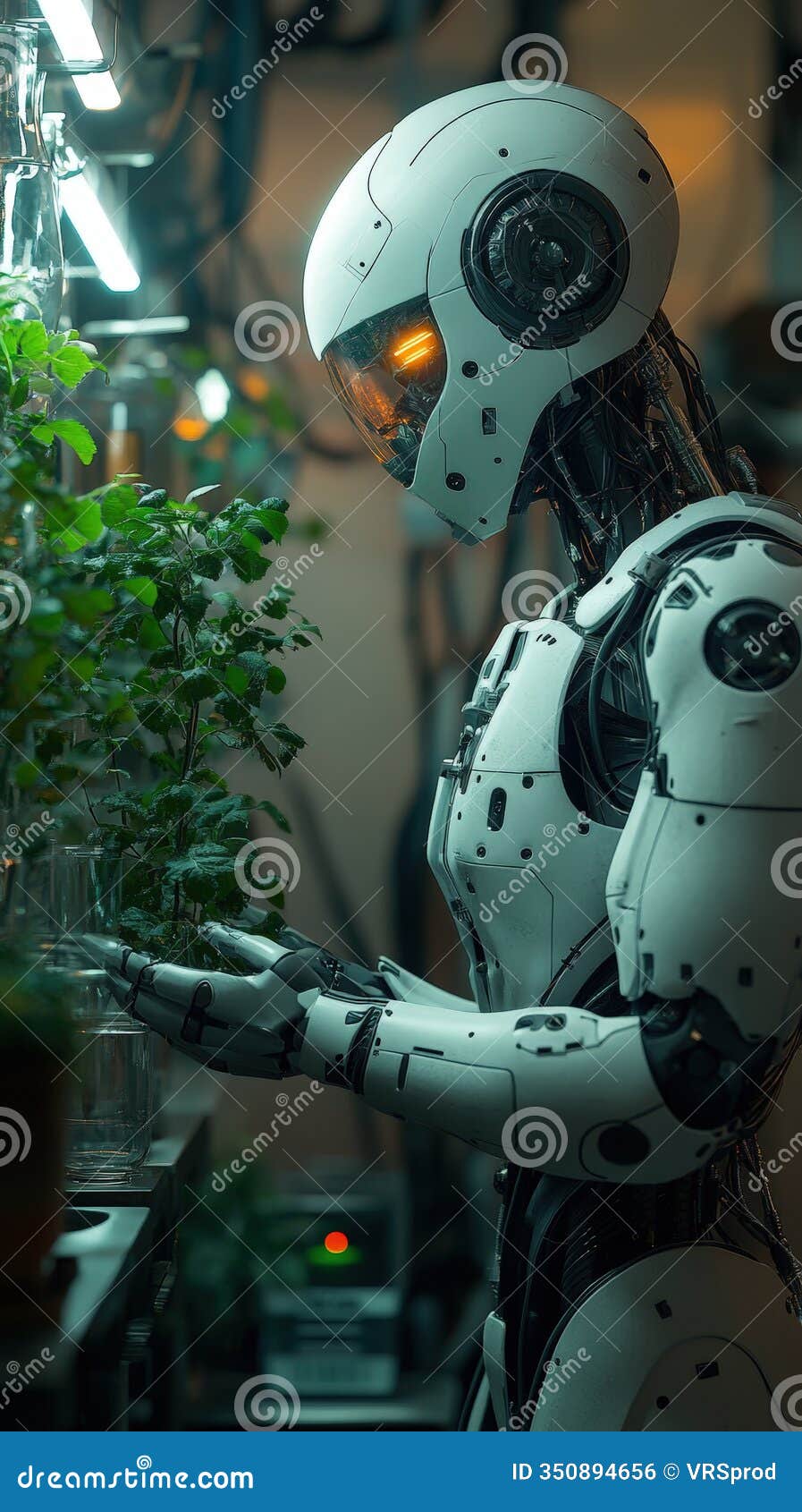 futuristic robot tending plants in laboratory