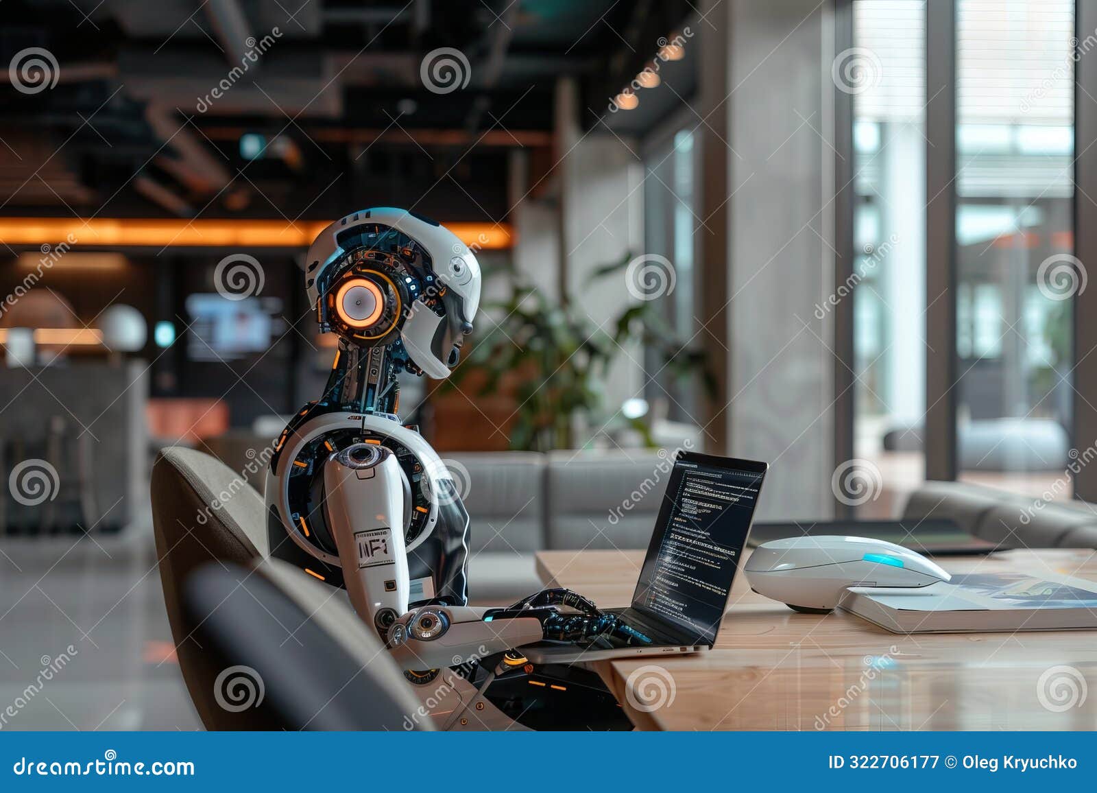 futuristic robot working on a laptop in a modern office setting. this high-tech image showcases ai in a professional