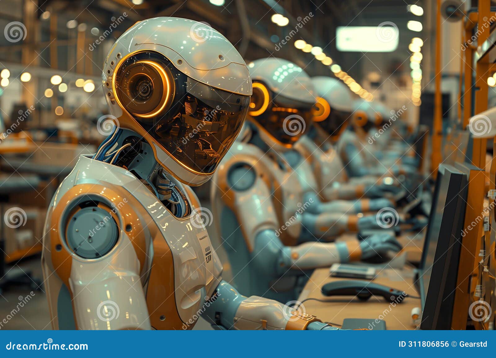 robotic assembly line workers in a factory