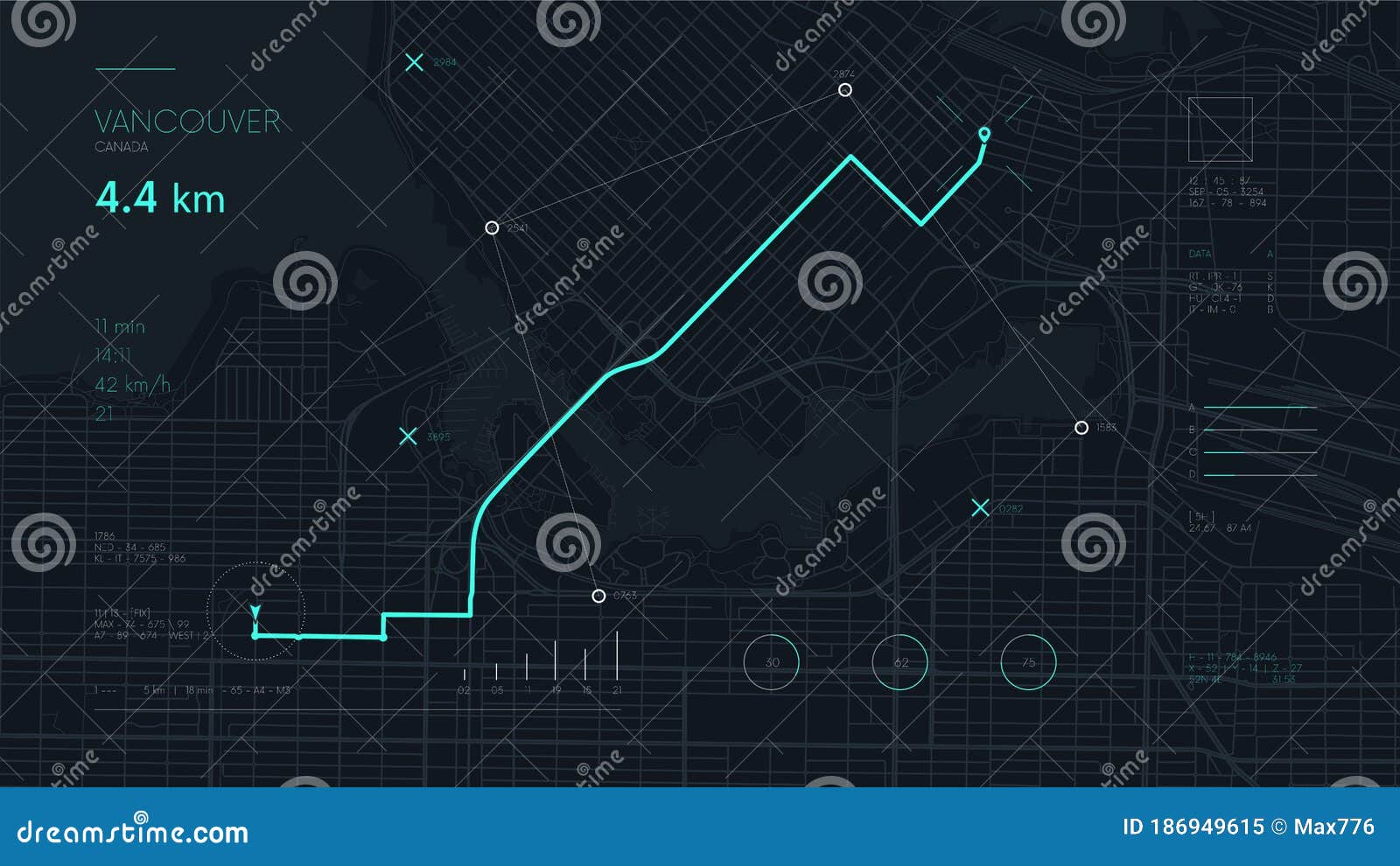 futuristic route dashboard gps tracking map, navigate mapping technology and locate position pin on the streets of the city