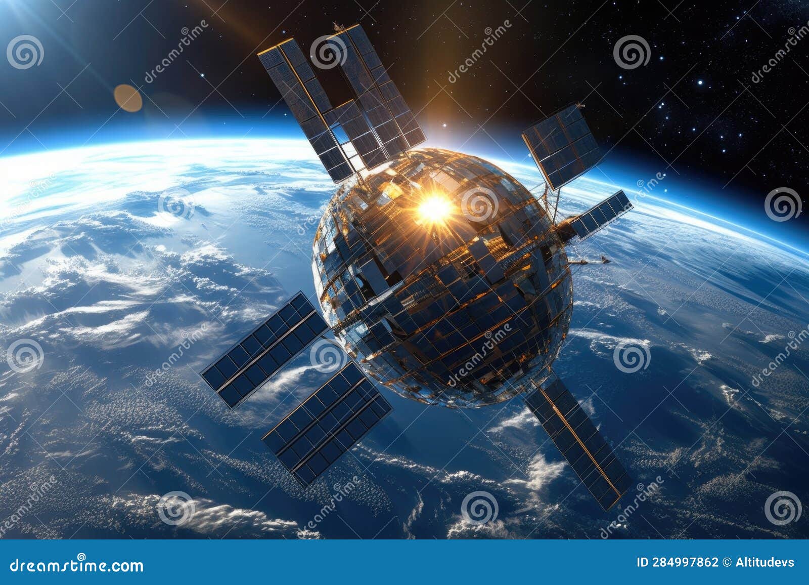 futuristic satellite orbiting earth with solar panels extended