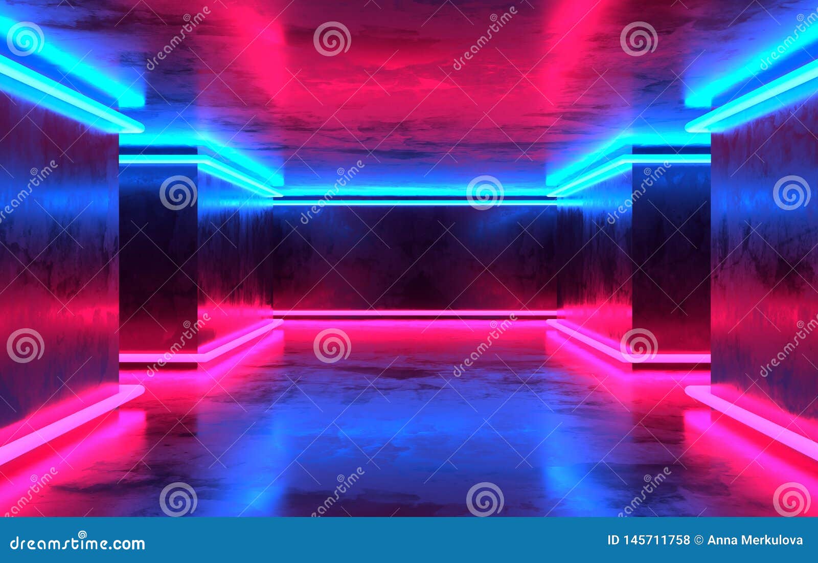 Futuristic Sci-fi Concrete Room with Glowing Neon. Virtual Reality ...