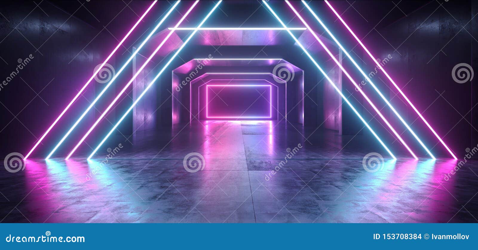 futuristic  sci fi laser neon s glowing light vibrant purple blue stage night club background grunge concrete dark tunnel