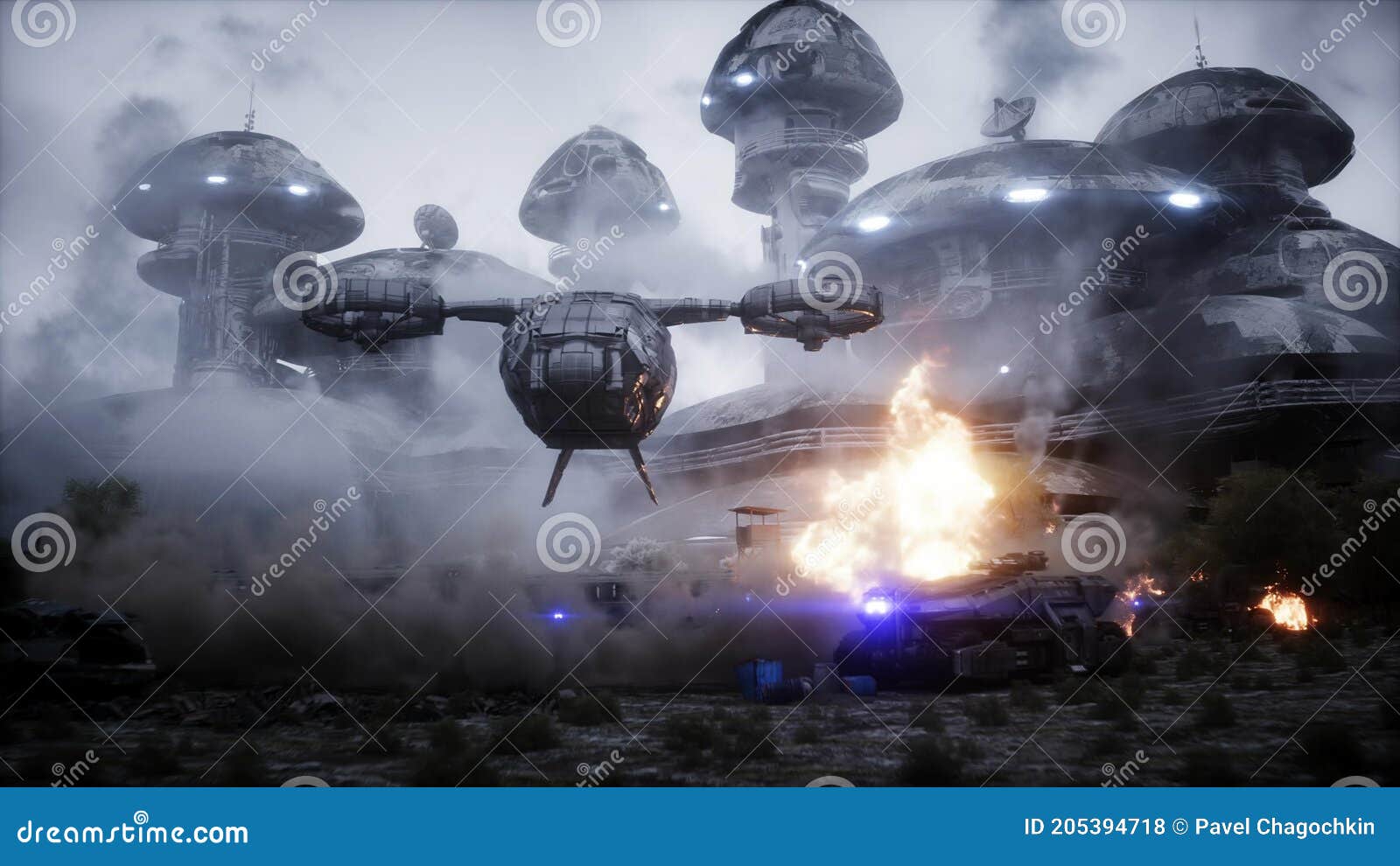 Futuristic Sci Fi Ship Take Wing. Military Robot. Apocalypse City. 3d  Rendering. Stock Illustration - Illustration of blue, fiction: 205394718