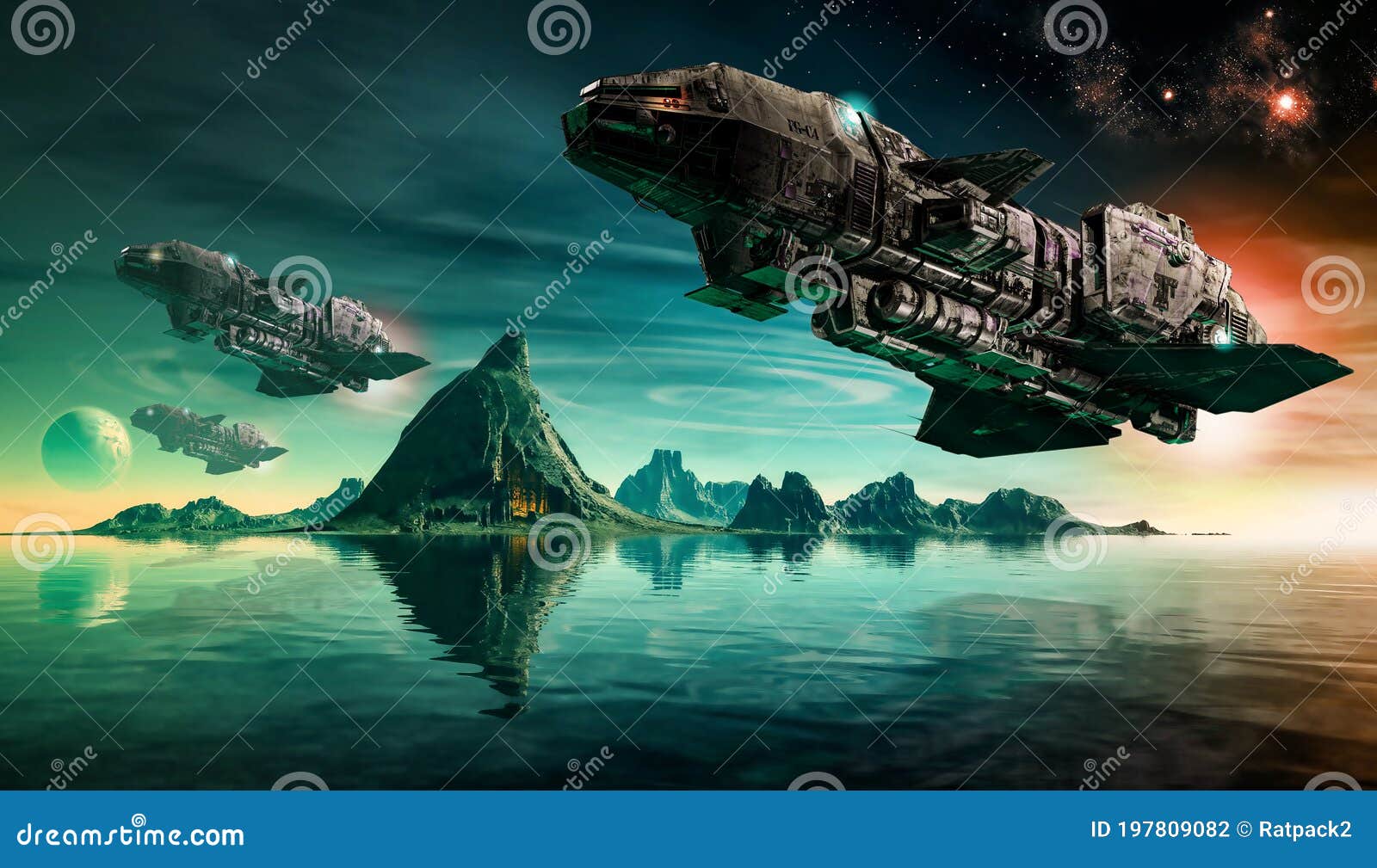 futuristic scifi battle ships hover over an alien planet