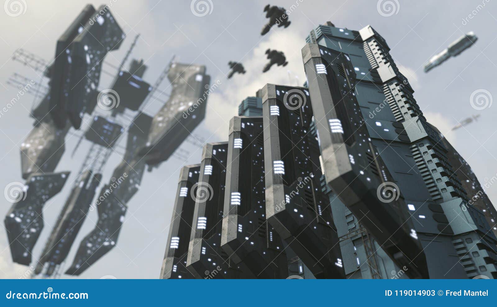 futuristic scifi city with impressive space station. 3d rendering