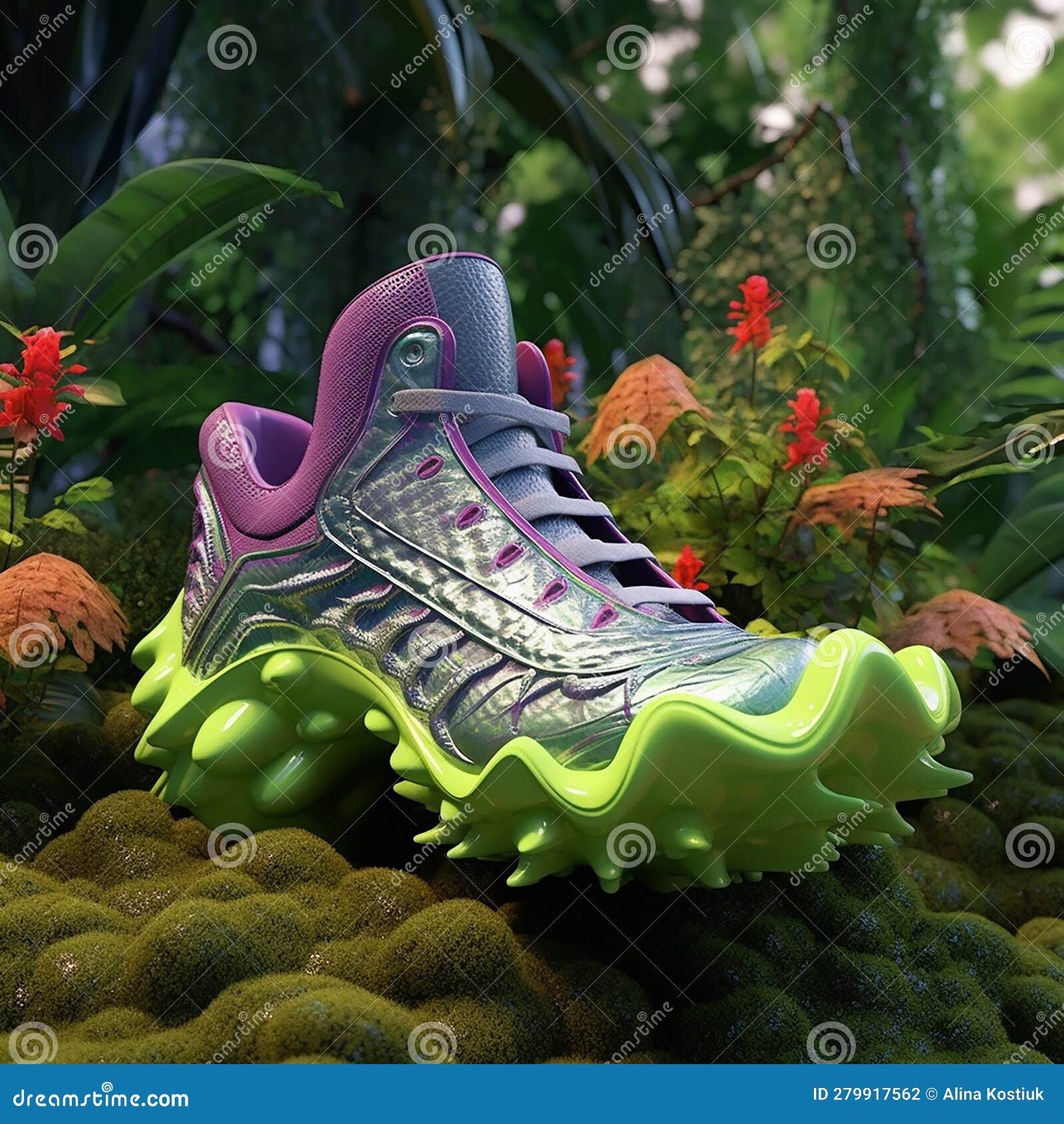 Futuristic Shoes in the Forest on the Clearing. Purple Shoes in the