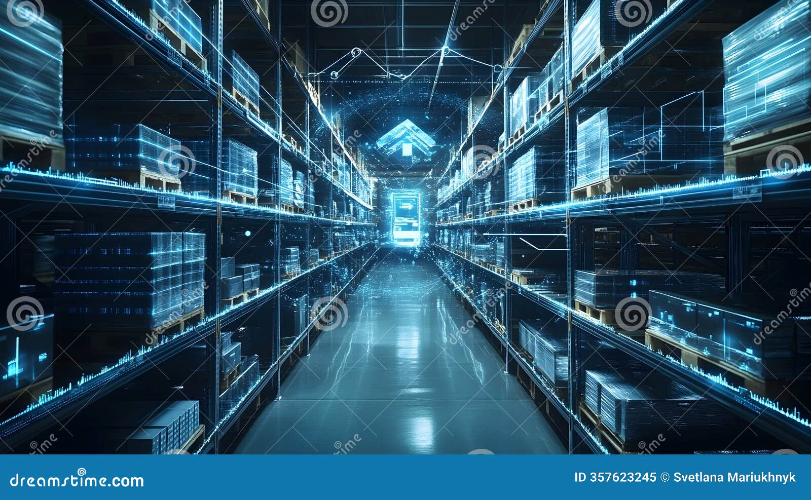 futuristic smart warehouse with digital data flow and holographic displays representing inventory and logistics