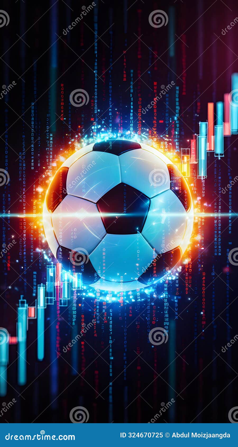 futuristic soccer ball surrounded by colorful digital graphics
