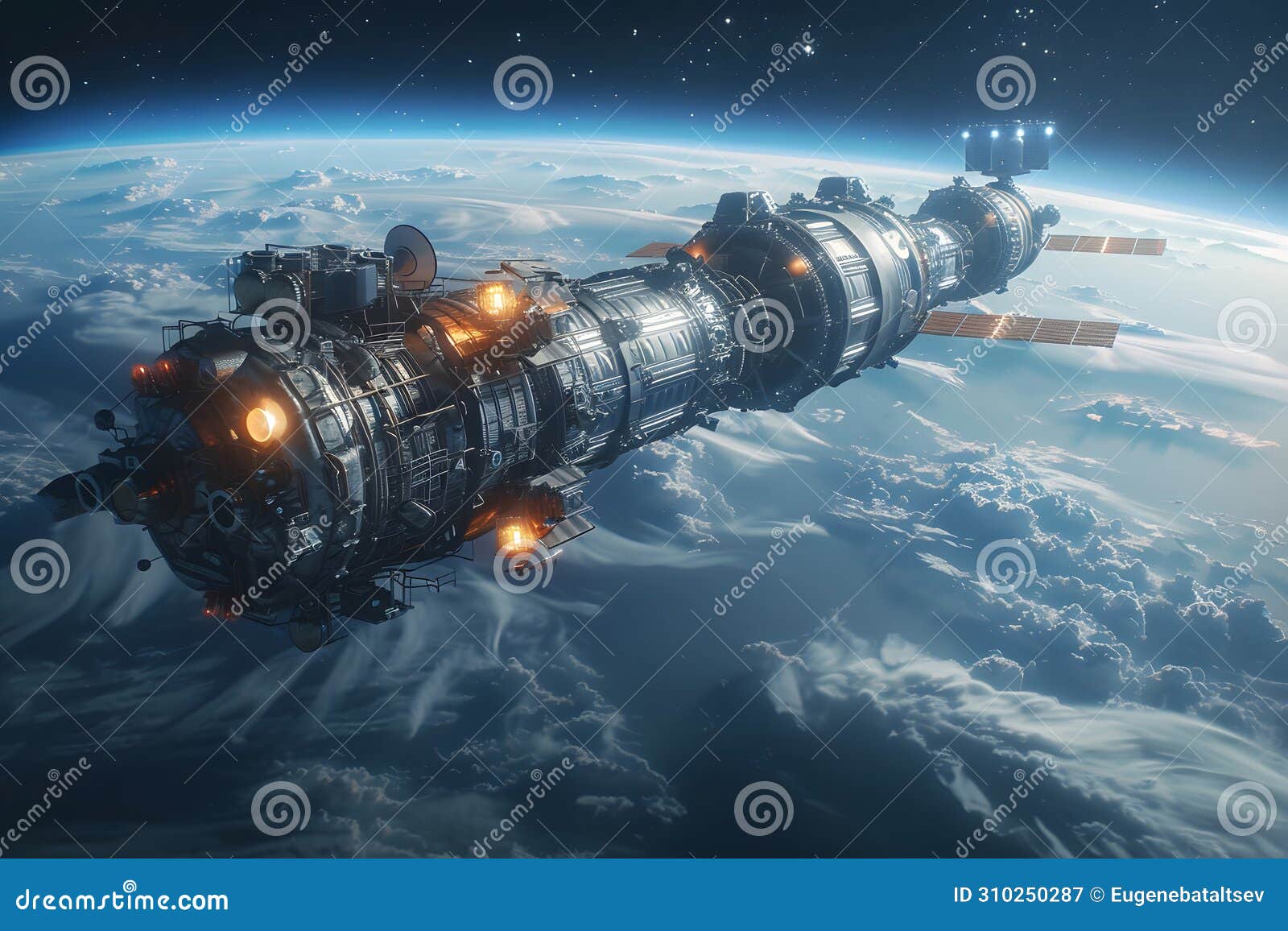 futuristic space station orbiting earth with detailed modular 