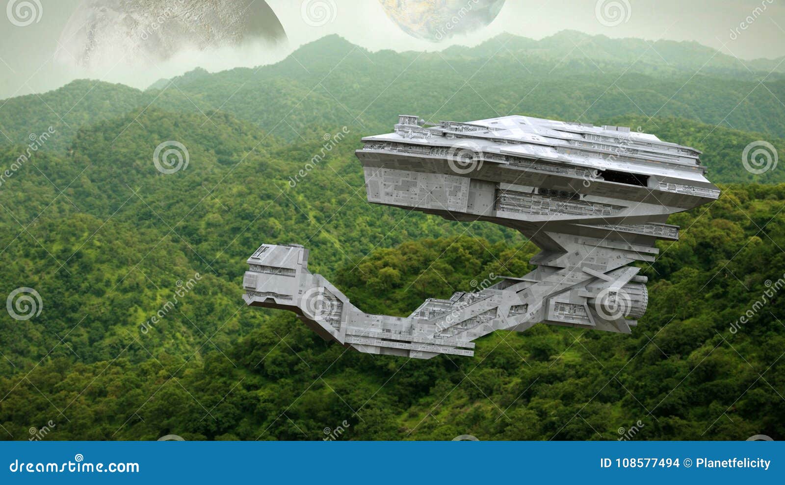 futuristic spaceship flying over the surface of an alien world, exo planet exploration 3d science fiction space 