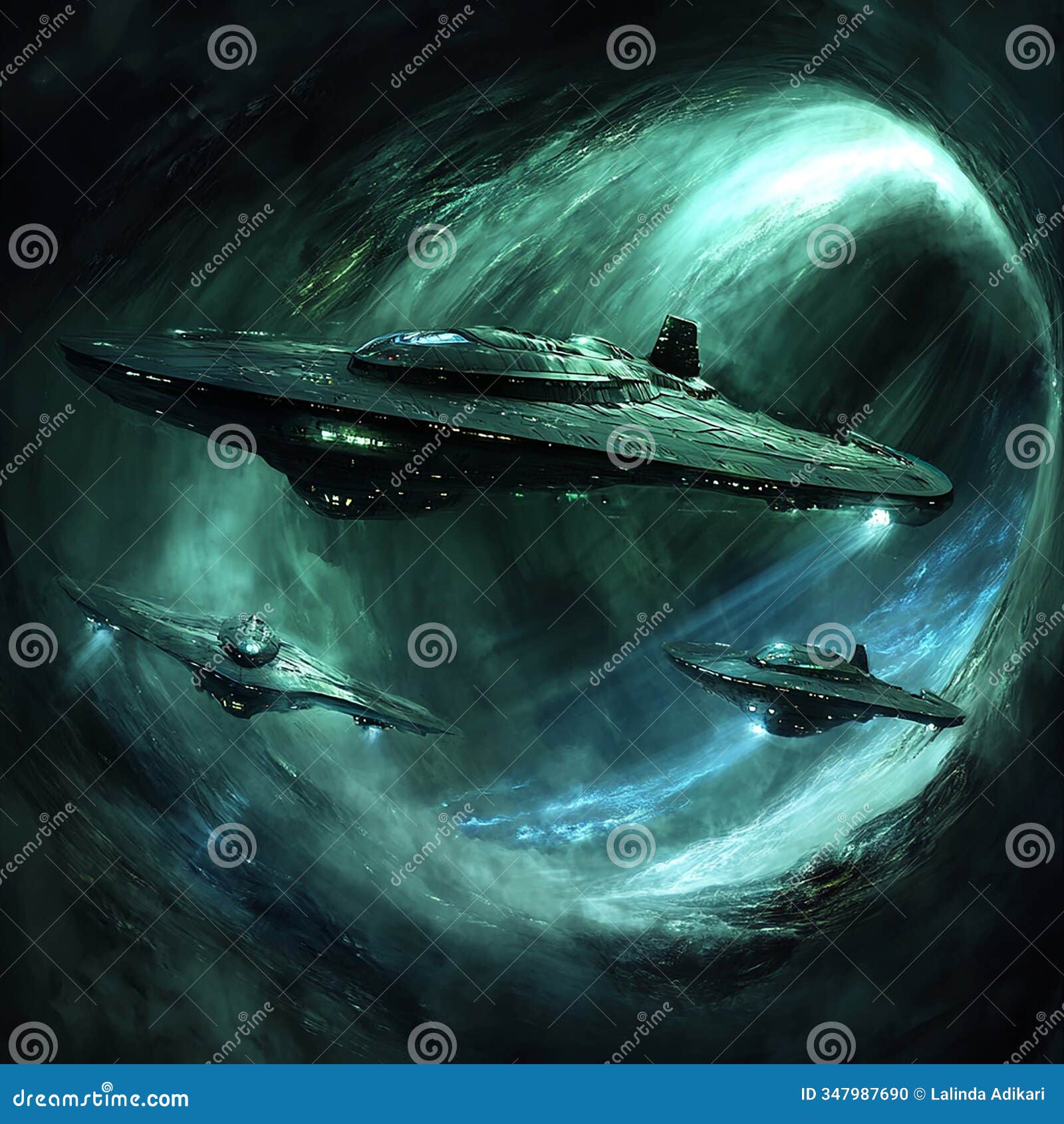 futuristic spaceship with escorting alien fighters