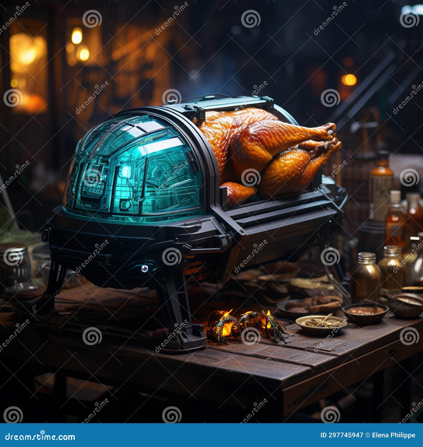 futuristic thanksgiven dinner table with roasted turkey and vegetables, side view, ai generative