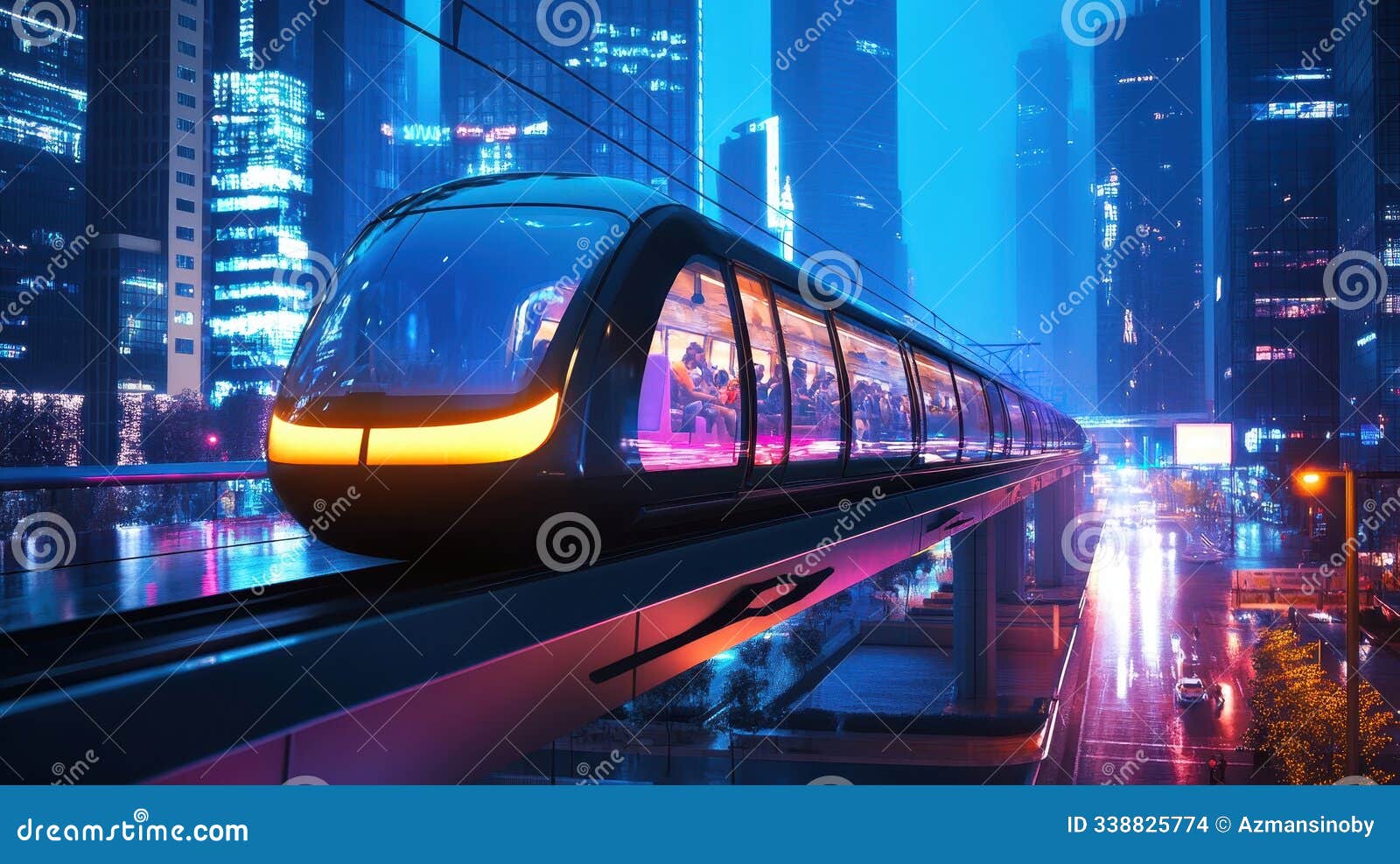 Futuristic City Train Night Neon Lights Rain Stock Photos - Free