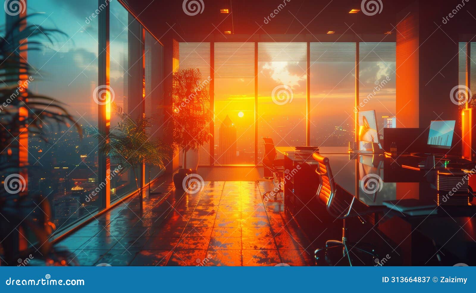 workspace  with a vibrant urban dusk