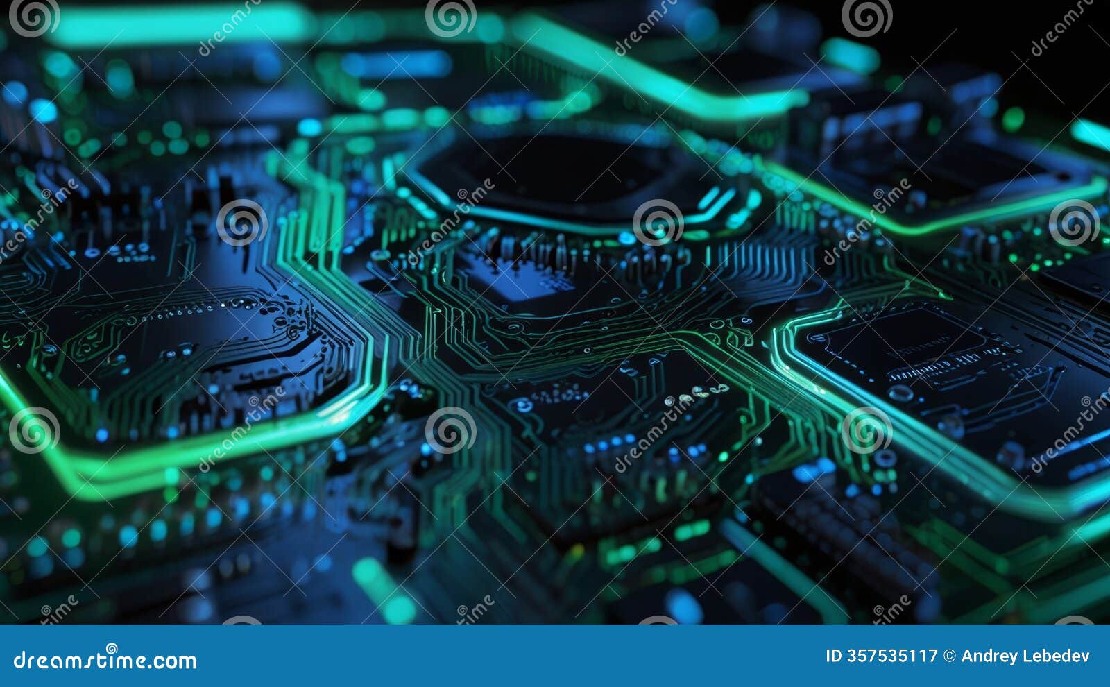 neon-lit computer motherboard with circuit tracks and chips