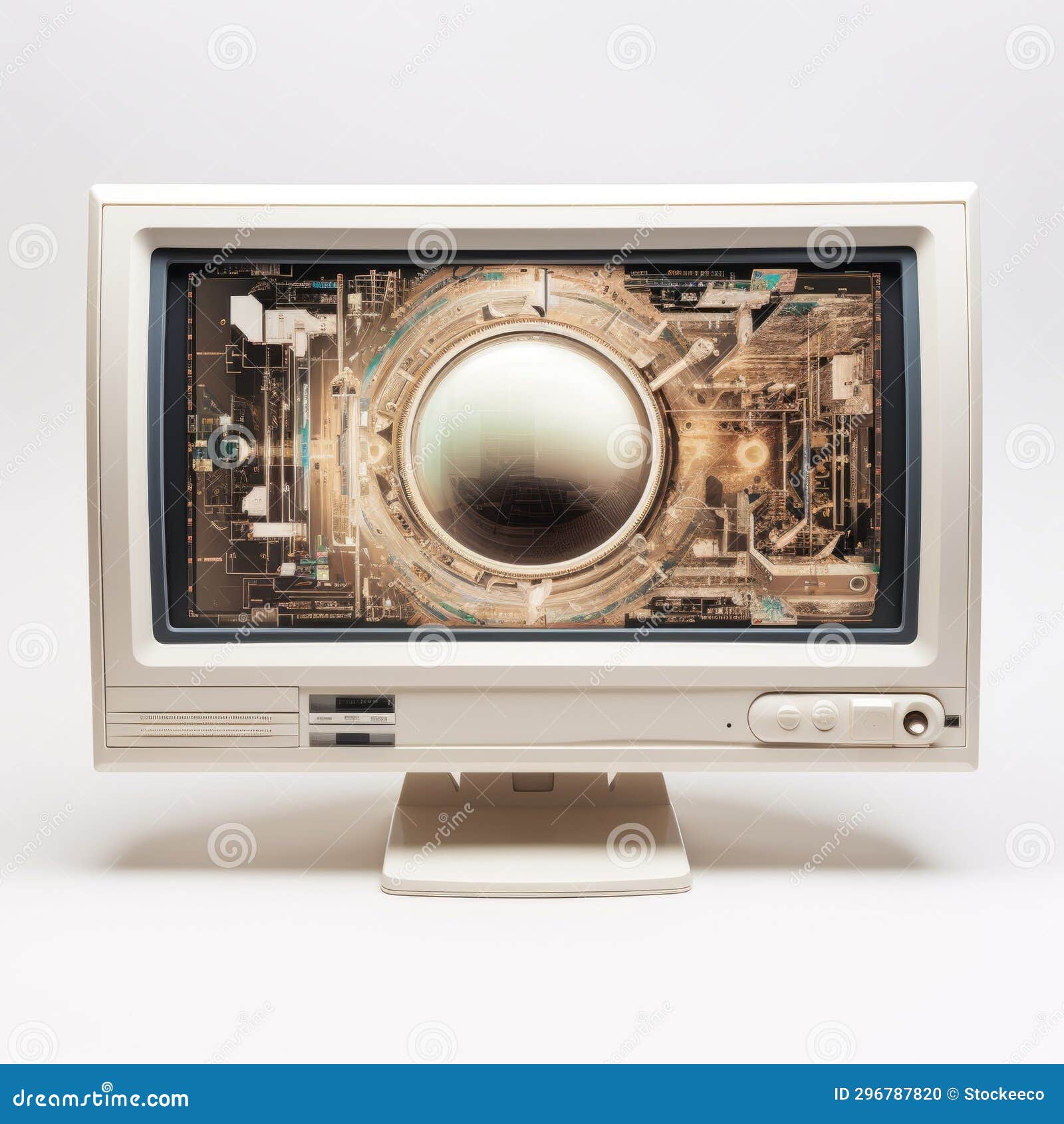 futuristic white computer monitor with intensely detailed industrial assemblages