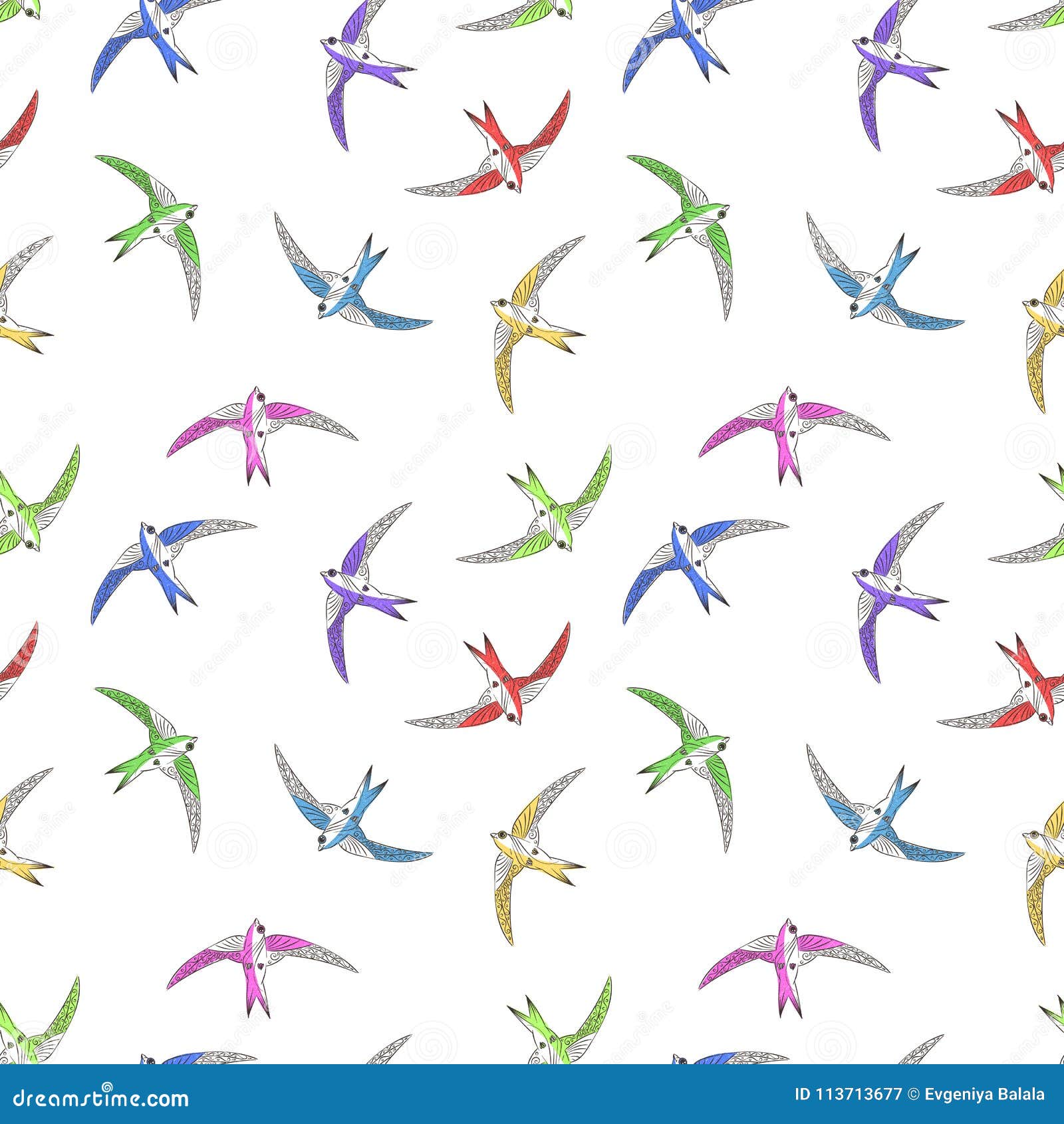 fying bird seamless pattern. palying swifts in the sky.