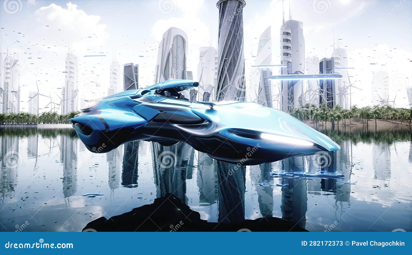 fying car in futuristic city. future concept. 3d rendering.