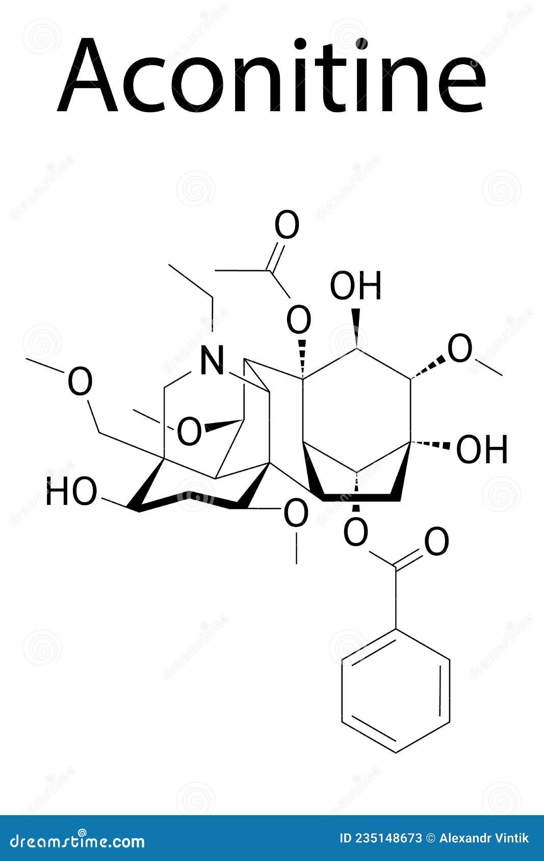 Fórmula esquelética de la molécula de aconitina. estructura química. Fórmula esquelética de la molécula de aconitina. toxina presente en plantas de aconitum monkshood.