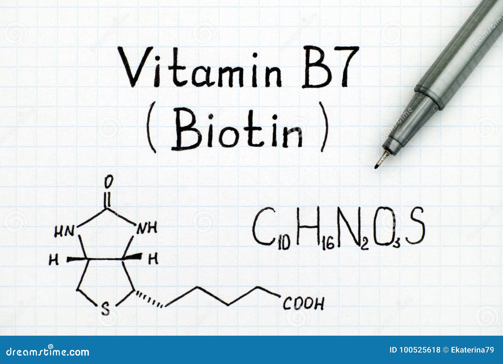 Fórmula Química De La Biotina De La Vitamina B7 Con La Pluma Foto de