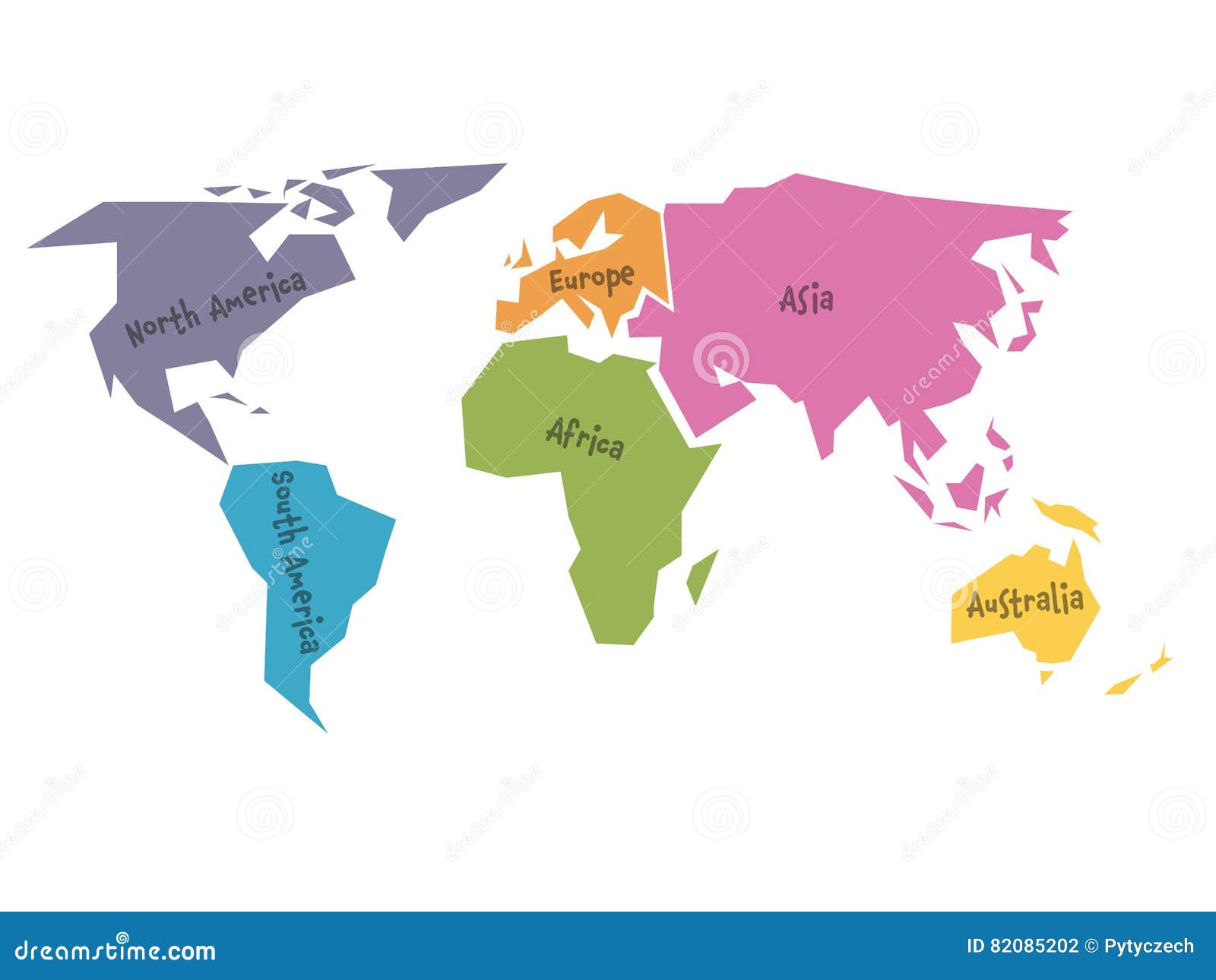Förenklad Världskarta Som Delas Till Sex Kontinenter I Olika Färger