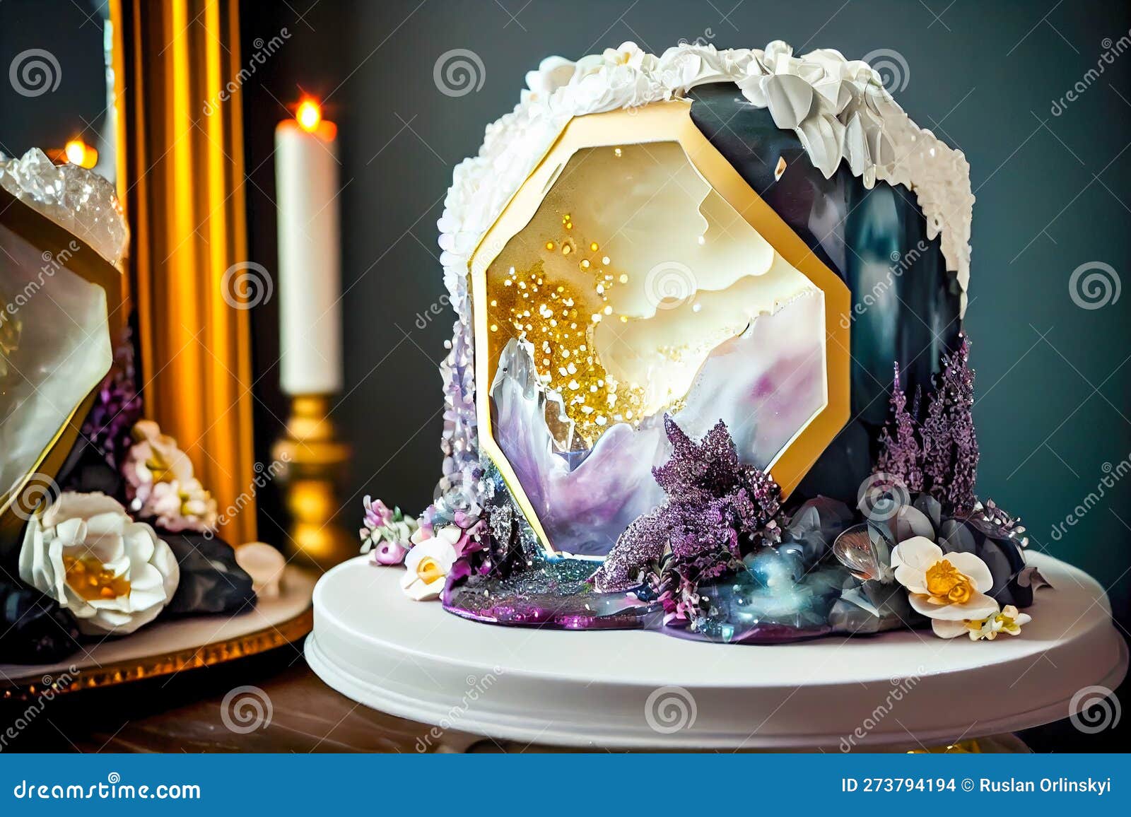 Gâteau De Mariage Geode Avec Cristaux Comestibles Et Fleurs Sur Une Table  Blanche Générée Photo stock - Image du délicieux, gâteau: 273794194