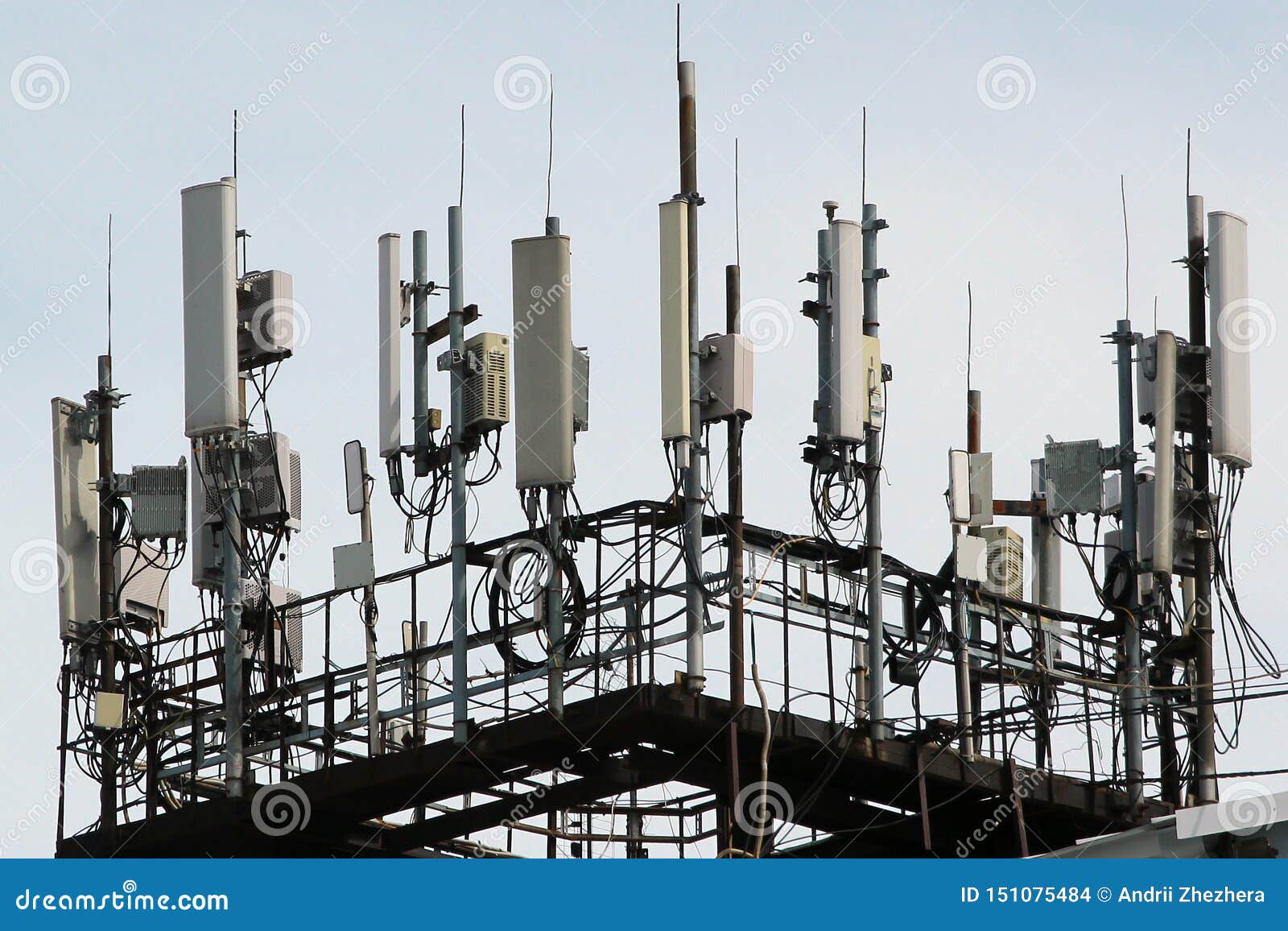 3g, 4g and 5g cellular antennas. base transceiver station. telecommunication tower. wireless communication antenna transmitters