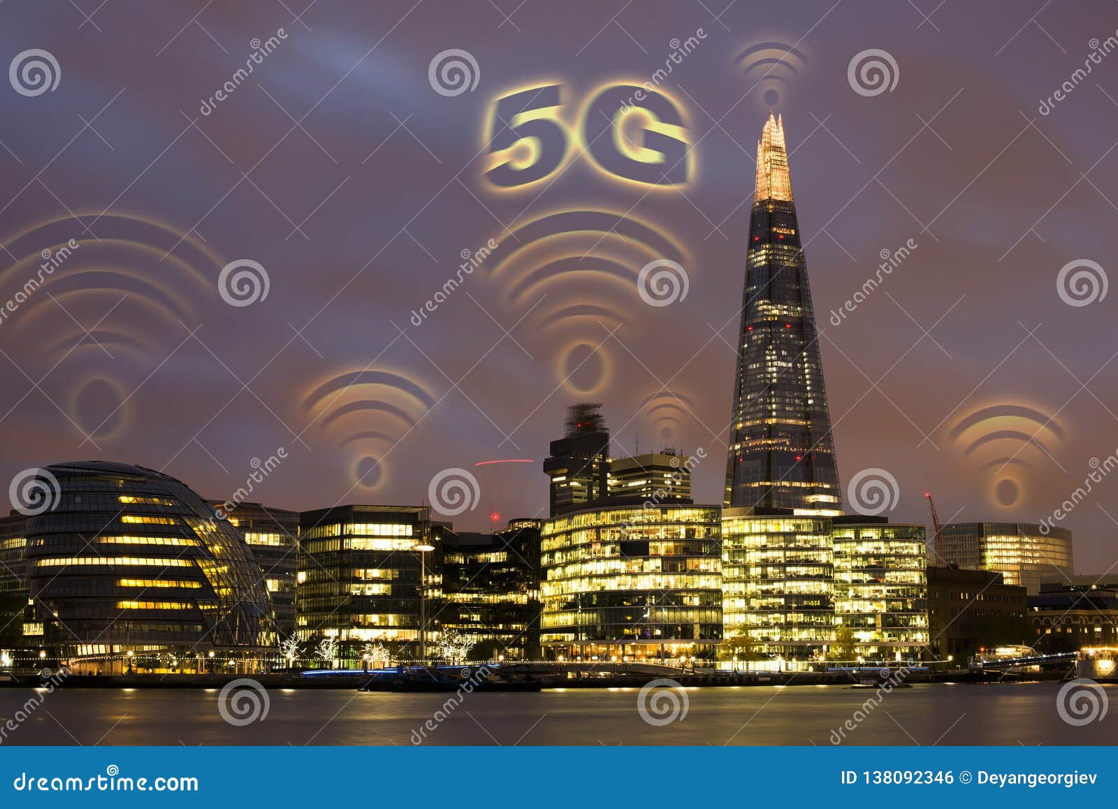 5g concept in the city. many wireless s on the top of the buildings