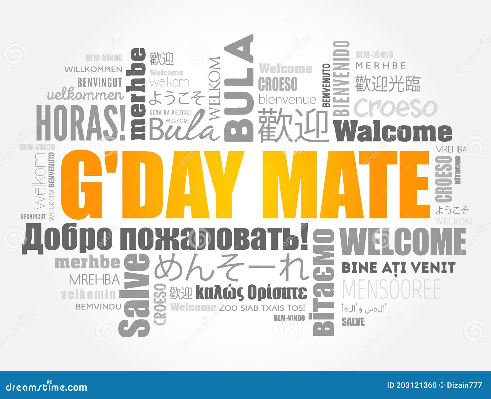 g\'day mate (welcome in australian) word cloud concept