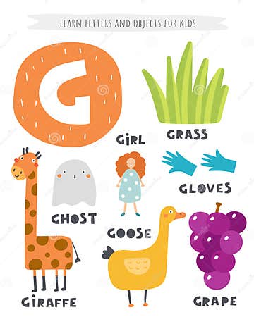 G Letter Objects and Animals Including Giraffe, Girl, Goose, Grape ...